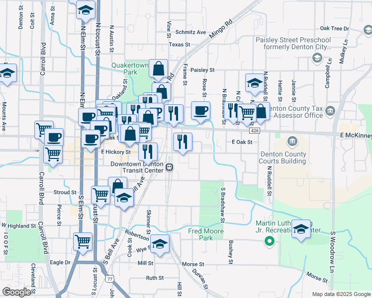map of restaurants, bars, coffee shops, grocery stores, and more near 601 East Hickory Street in Denton