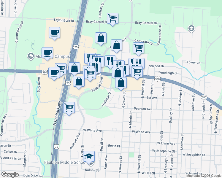 map of restaurants, bars, coffee shops, grocery stores, and more near 1700 Heritage Drive in McKinney