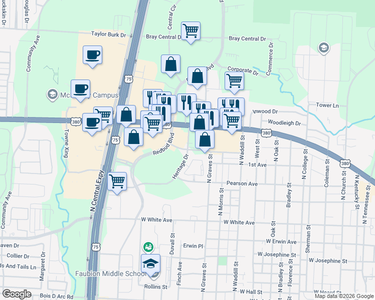 map of restaurants, bars, coffee shops, grocery stores, and more near 1710 Heritage Drive in McKinney