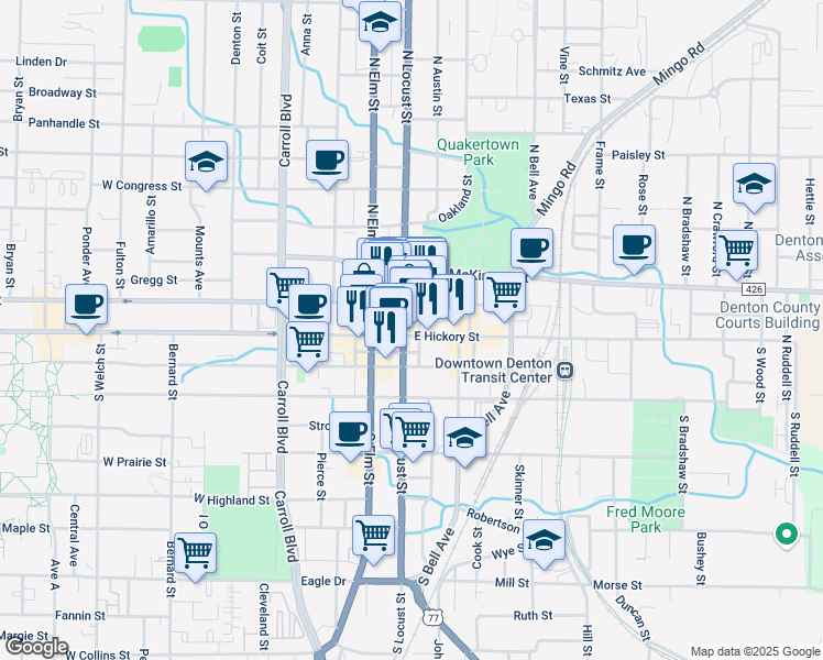 map of restaurants, bars, coffee shops, grocery stores, and more near 102 North Locust Street in Denton