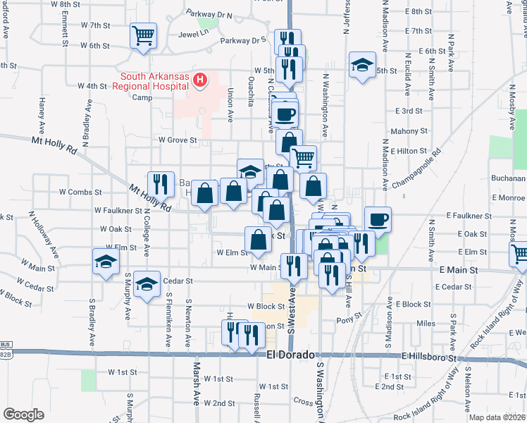 map of restaurants, bars, coffee shops, grocery stores, and more near 400 West Faulkner Street in El Dorado