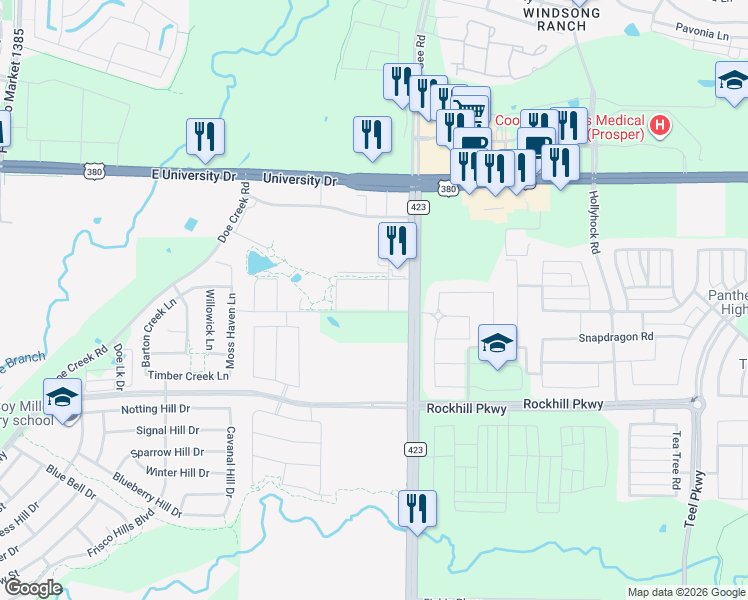 map of restaurants, bars, coffee shops, grocery stores, and more near 902 Gordon Heights Lane in Little Elm