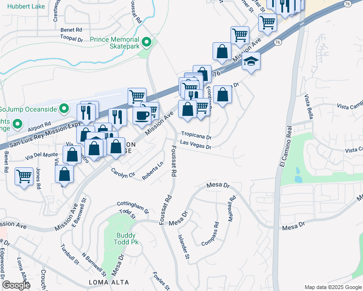map of restaurants, bars, coffee shops, grocery stores, and more near 3331 Las Vegas Drive in Oceanside