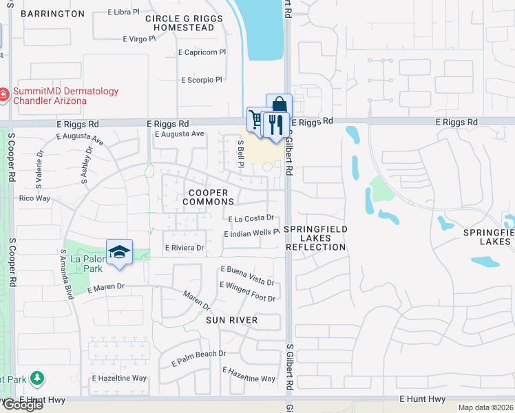 map of restaurants, bars, coffee shops, grocery stores, and more near 2950 East La Costa Drive in Chandler