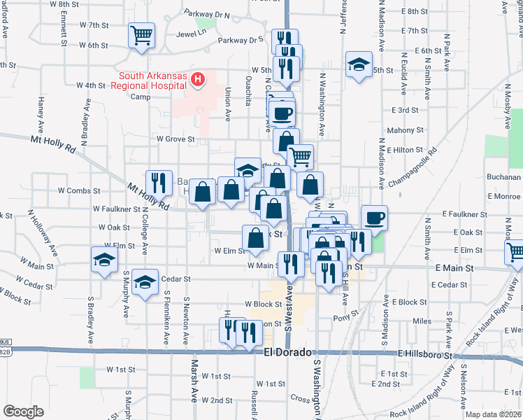 map of restaurants, bars, coffee shops, grocery stores, and more near 400 West Faulkner Street in El Dorado