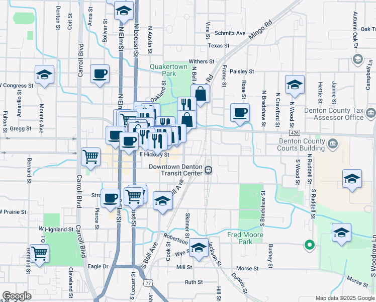 map of restaurants, bars, coffee shops, grocery stores, and more near 407 East Hickory Street in Denton