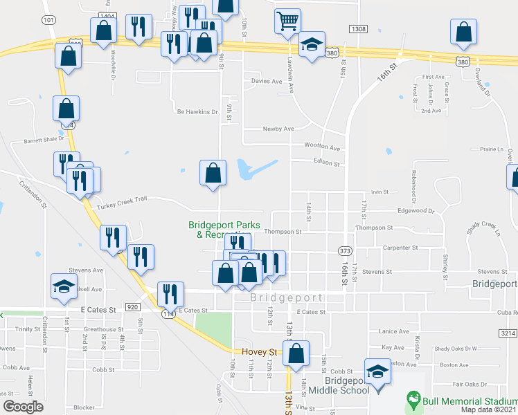 map of restaurants, bars, coffee shops, grocery stores, and more near 1009 Turkey Creek Court in Bridgeport