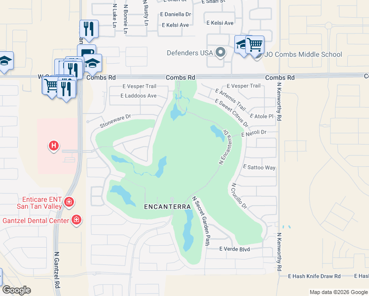 map of restaurants, bars, coffee shops, grocery stores, and more near 36460 North Encanterra Drive in San Tan Valley
