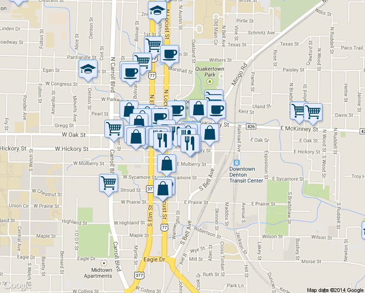 map of restaurants, bars, coffee shops, grocery stores, and more near 135 E Hickory St in Denton