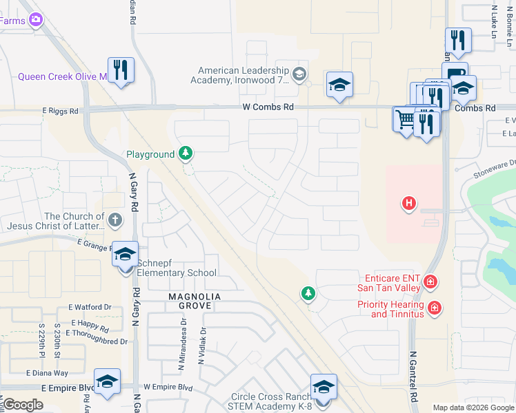 map of restaurants, bars, coffee shops, grocery stores, and more near 36943 El Morro Trail in San Tan Valley