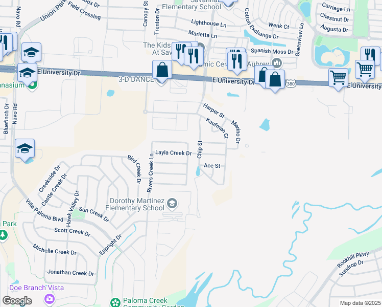 map of restaurants, bars, coffee shops, grocery stores, and more near 3128 Layla Creek Drive in Little Elm