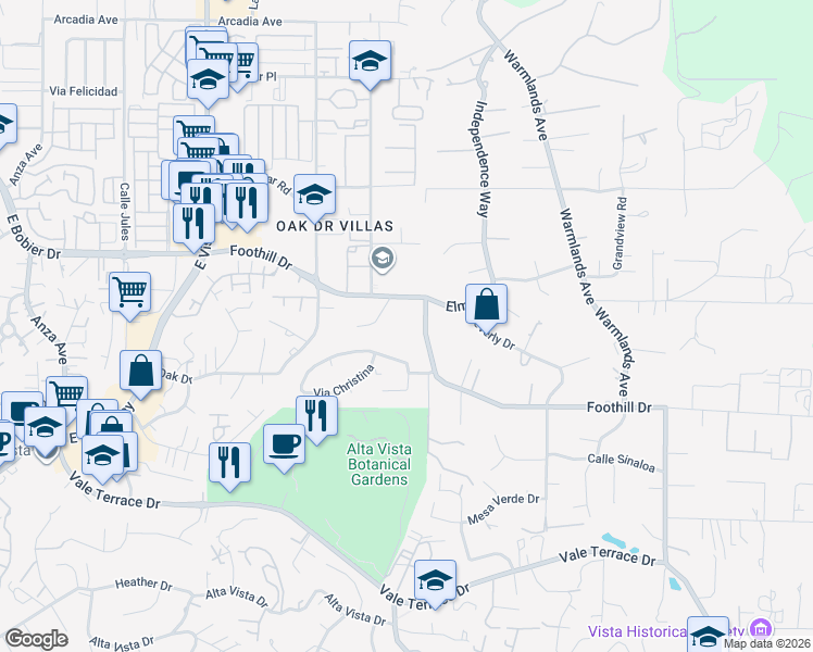 map of restaurants, bars, coffee shops, grocery stores, and more near Cypress Drive in Vista