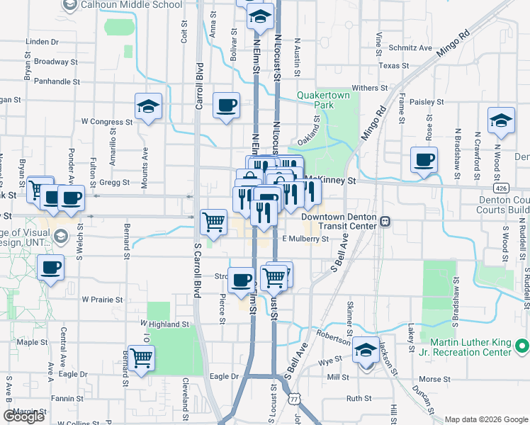 map of restaurants, bars, coffee shops, grocery stores, and more near in Denton