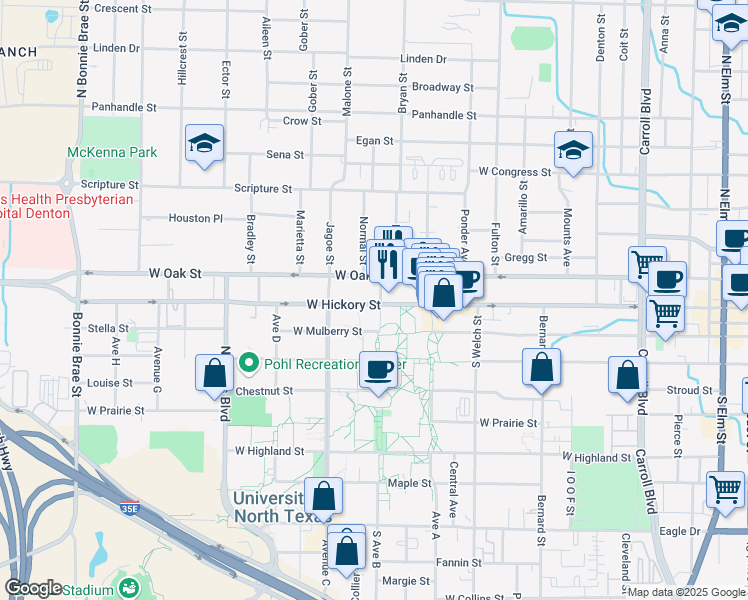 map of restaurants, bars, coffee shops, grocery stores, and more near in Denton
