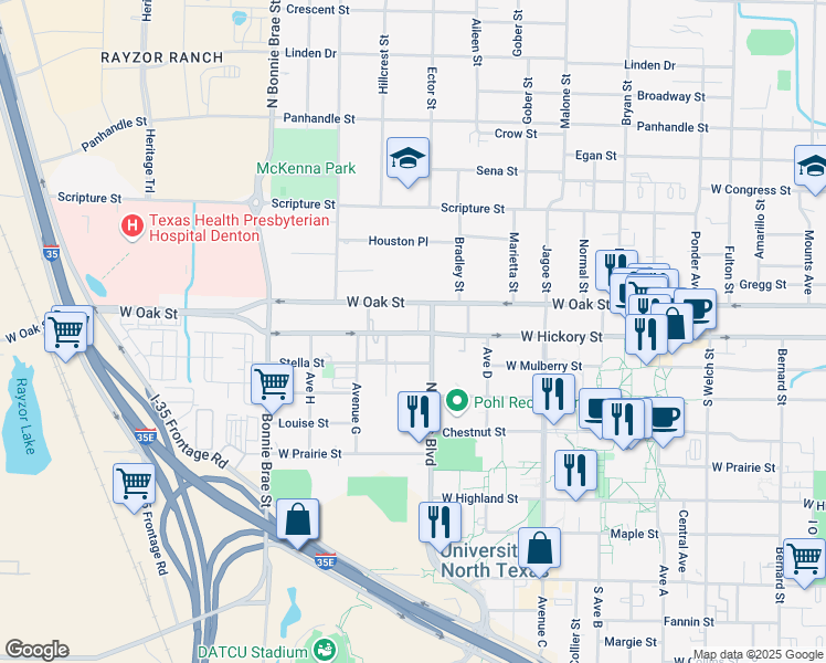 map of restaurants, bars, coffee shops, grocery stores, and more near 2119 West Hickory Street in Denton