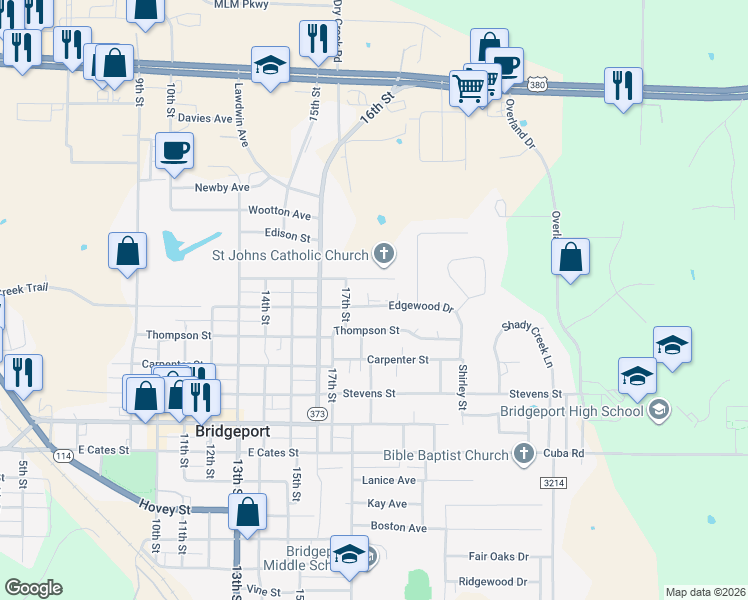 map of restaurants, bars, coffee shops, grocery stores, and more near 1709 Edgewood Drive in Bridgeport