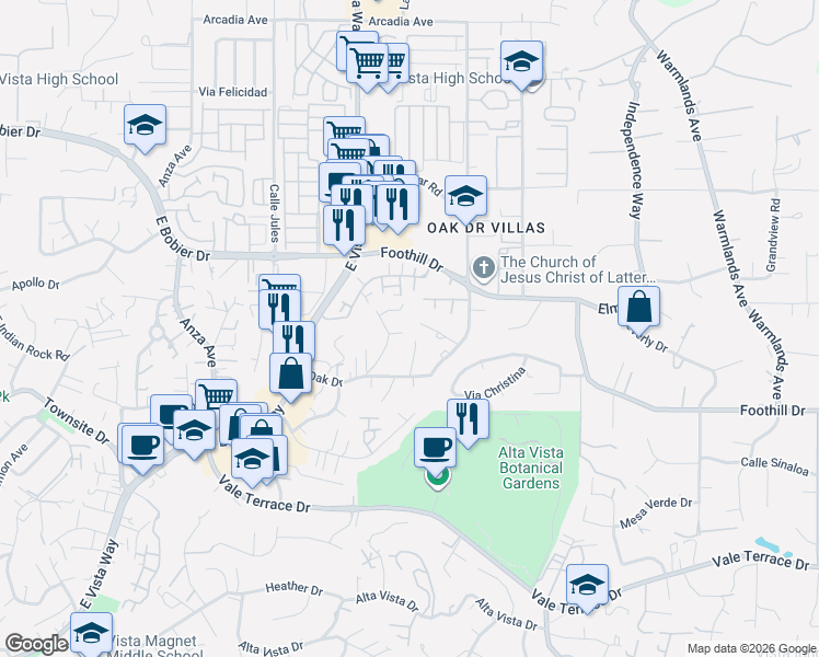 map of restaurants, bars, coffee shops, grocery stores, and more near 1212 Memory Lane in Vista