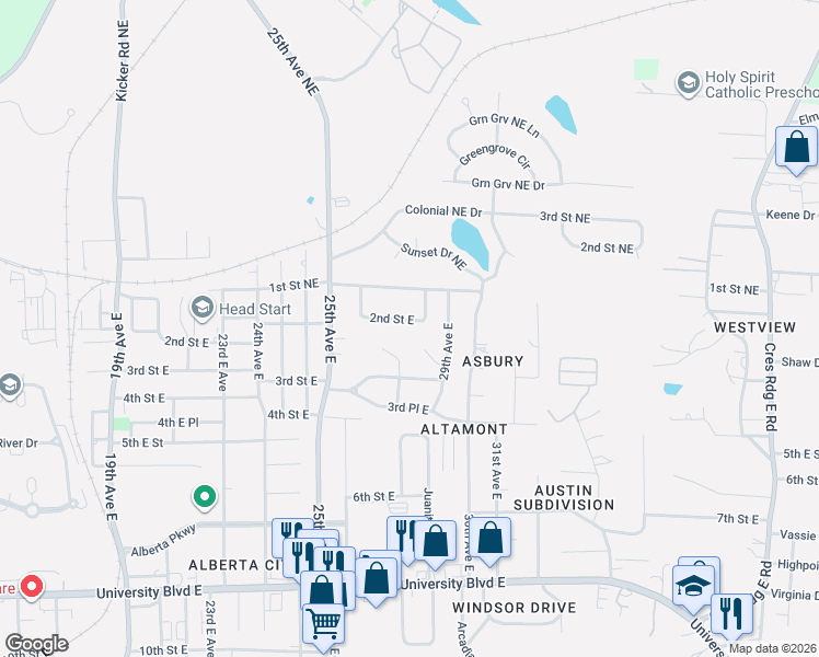 map of restaurants, bars, coffee shops, grocery stores, and more near 2803 2nd Place East in Tuscaloosa