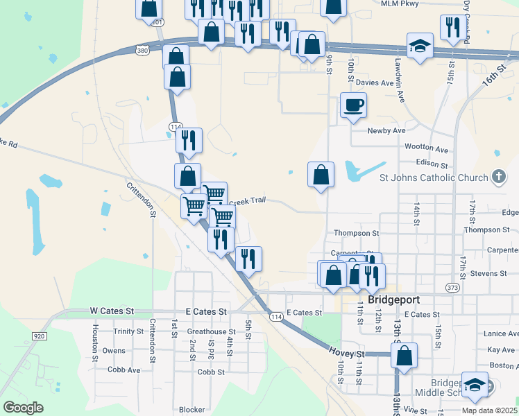 map of restaurants, bars, coffee shops, grocery stores, and more near 408 Turkey Creek Trail in Bridgeport
