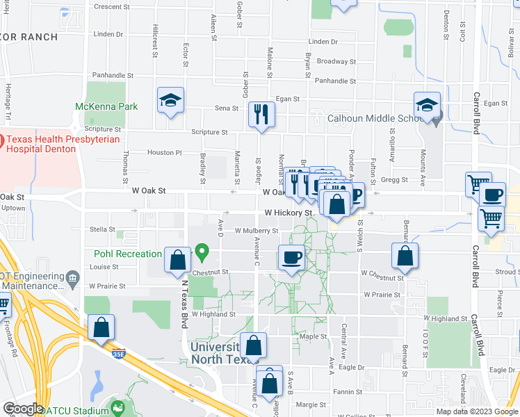 map of restaurants, bars, coffee shops, grocery stores, and more near 215 Avenue C in Denton