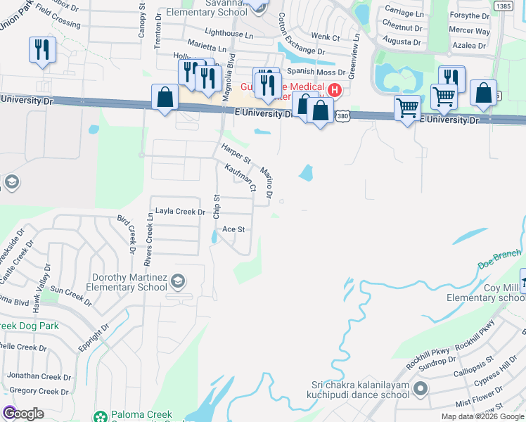 map of restaurants, bars, coffee shops, grocery stores, and more near 2498 South Elm Ridge Road in Little Elm