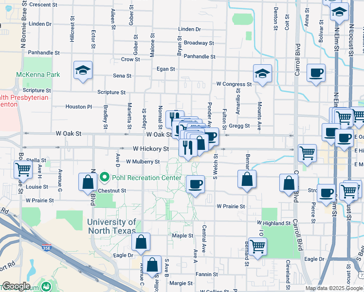 map of restaurants, bars, coffee shops, grocery stores, and more near 1320 West Hickory Street in Denton