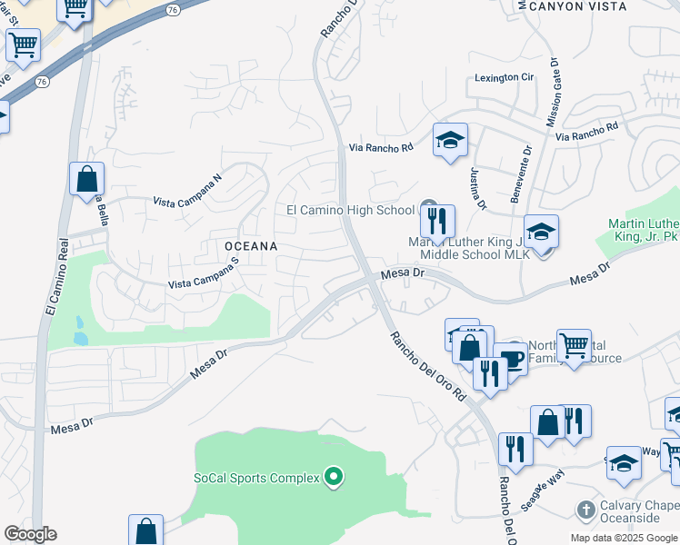 map of restaurants, bars, coffee shops, grocery stores, and more near 3820 Cinnamon Way in Oceanside