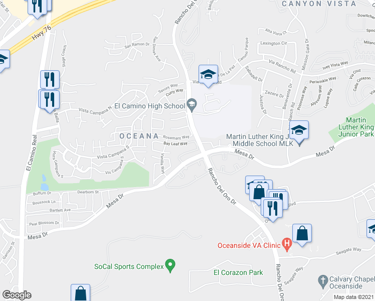 map of restaurants, bars, coffee shops, grocery stores, and more near 3820 Cinnamon Way in Oceanside