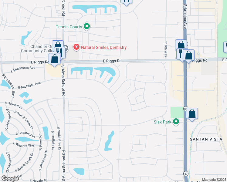 map of restaurants, bars, coffee shops, grocery stores, and more near 25606 South Springcreek Road in Chandler