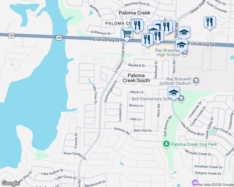 map of restaurants, bars, coffee shops, grocery stores, and more near 525 Raven Drive in Little Elm