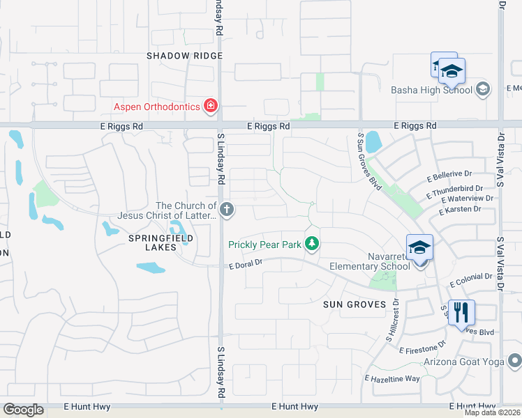 map of restaurants, bars, coffee shops, grocery stores, and more near 4158 East Desert Sands Place in Chandler