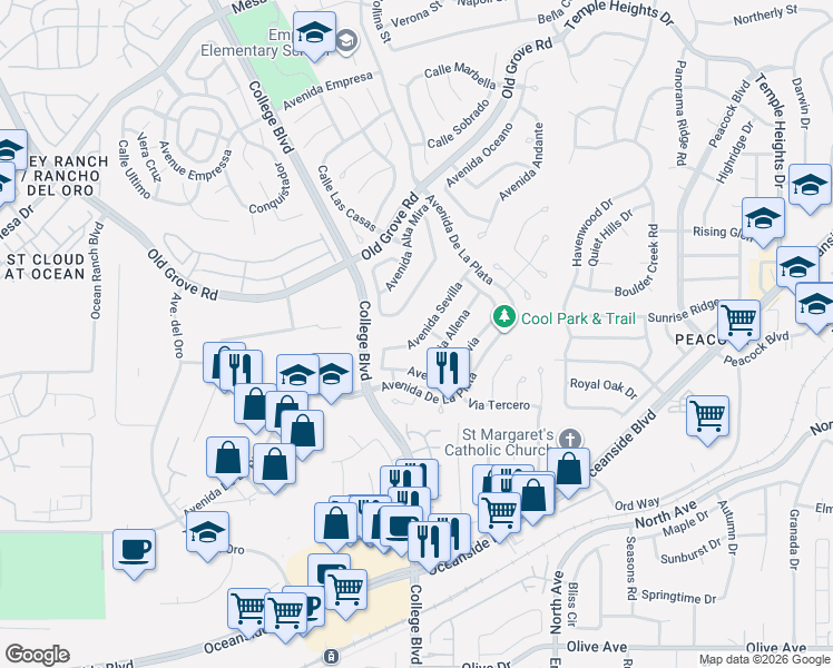 map of restaurants, bars, coffee shops, grocery stores, and more near 1821 Avenida Sevilla in Oceanside