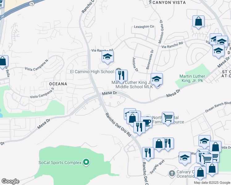 map of restaurants, bars, coffee shops, grocery stores, and more near 3927 Mesa Drive in Oceanside