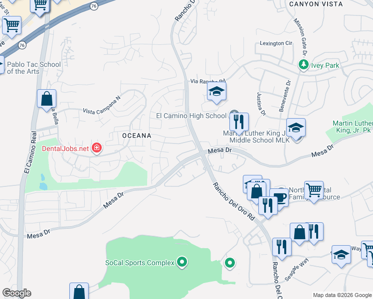 map of restaurants, bars, coffee shops, grocery stores, and more near 3809 Cinnamon Way in Oceanside