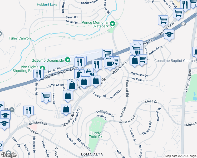 map of restaurants, bars, coffee shops, grocery stores, and more near 3225 Mission Avenue in Oceanside