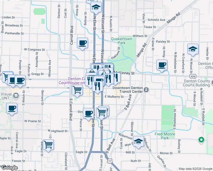 map of restaurants, bars, coffee shops, grocery stores, and more near in Denton