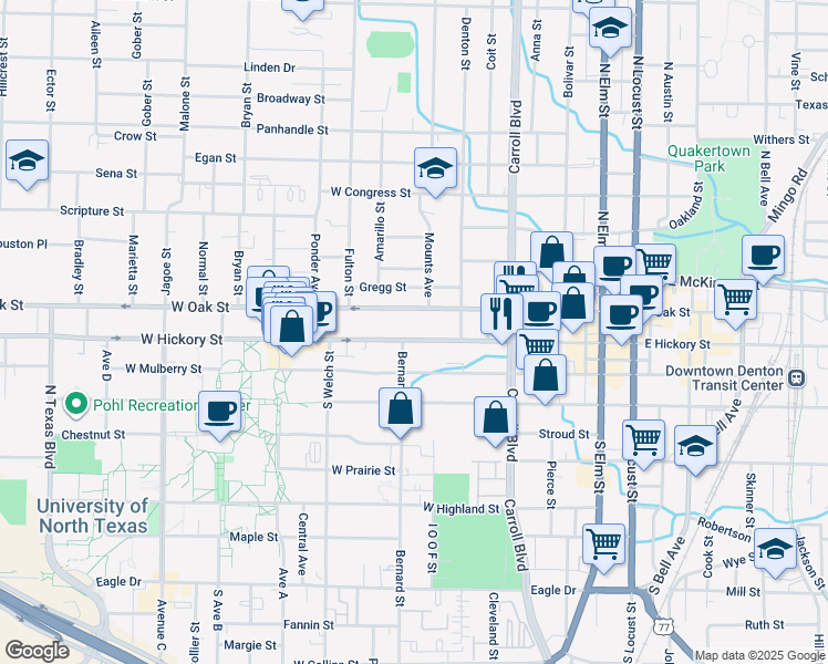 map of restaurants, bars, coffee shops, grocery stores, and more near 907 West Hickory Street in Denton