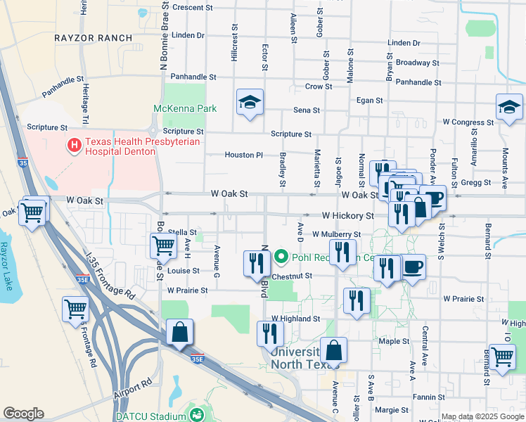 map of restaurants, bars, coffee shops, grocery stores, and more near 2001 West Hickory Street in Denton