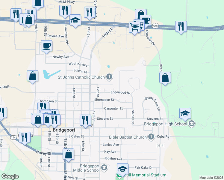 map of restaurants, bars, coffee shops, grocery stores, and more near 1808 Edgewood Drive in Bridgeport