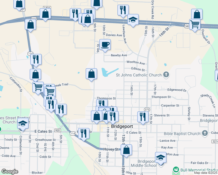 map of restaurants, bars, coffee shops, grocery stores, and more near 1010 Turkey Creek Court in Bridgeport