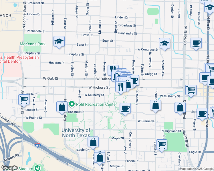 map of restaurants, bars, coffee shops, grocery stores, and more near in Denton