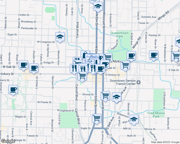 map of restaurants, bars, coffee shops, grocery stores, and more near 309 West Hickory Street in Denton