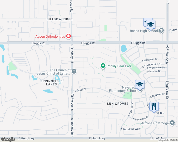 map of restaurants, bars, coffee shops, grocery stores, and more near 4157 East Karsten Drive in Chandler