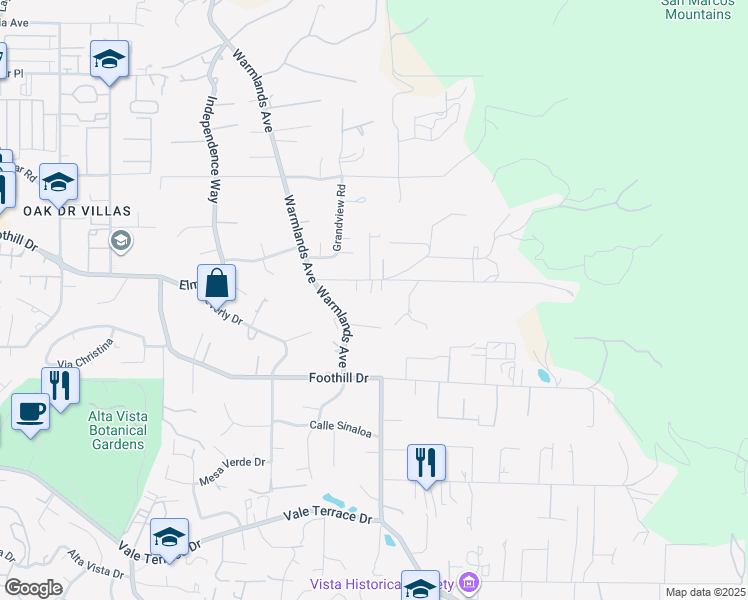 map of restaurants, bars, coffee shops, grocery stores, and more near 1869 Alessandro Trail in Vista