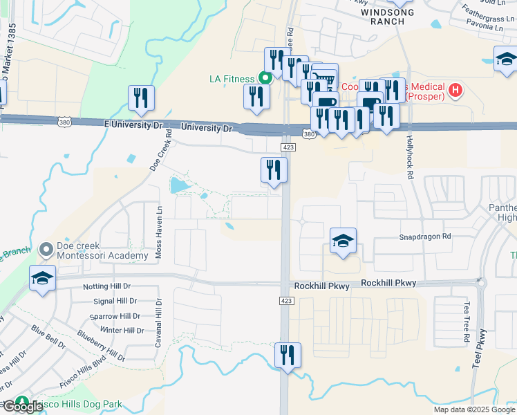 map of restaurants, bars, coffee shops, grocery stores, and more near 900 Gordon Heights Lane in Frisco