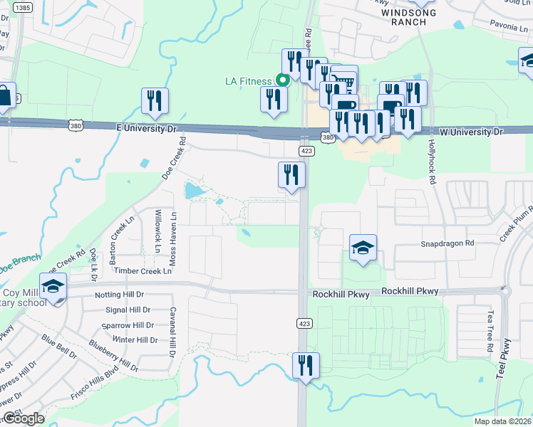 map of restaurants, bars, coffee shops, grocery stores, and more near 900 Gordon Heights Lane in Frisco