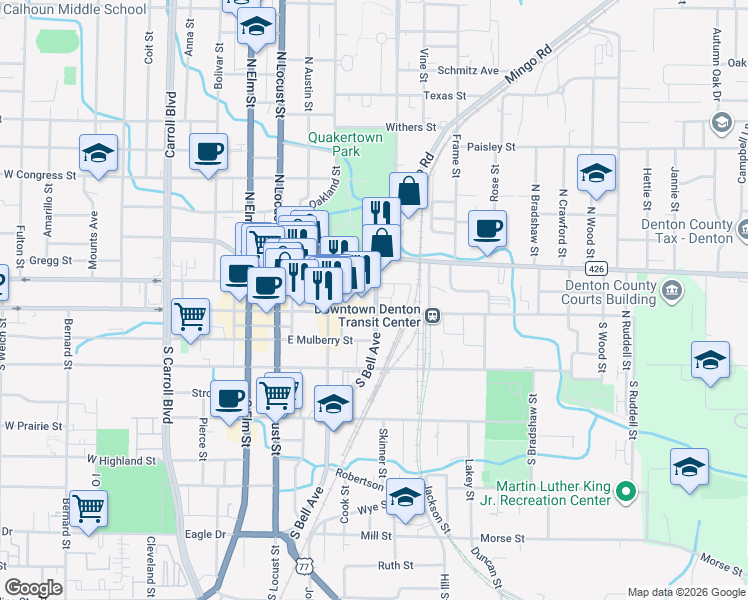 map of restaurants, bars, coffee shops, grocery stores, and more near 2400 North Bell Avenue in Denton