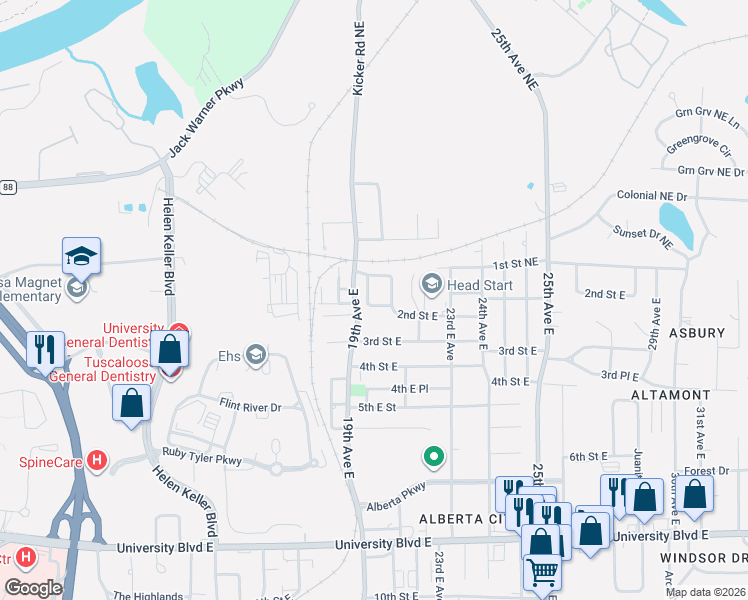 map of restaurants, bars, coffee shops, grocery stores, and more near 2007 2nd Street East in Tuscaloosa