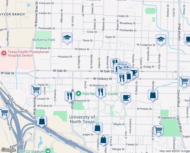 map of restaurants, bars, coffee shops, grocery stores, and more near 1704 West Mulberry Street in Denton