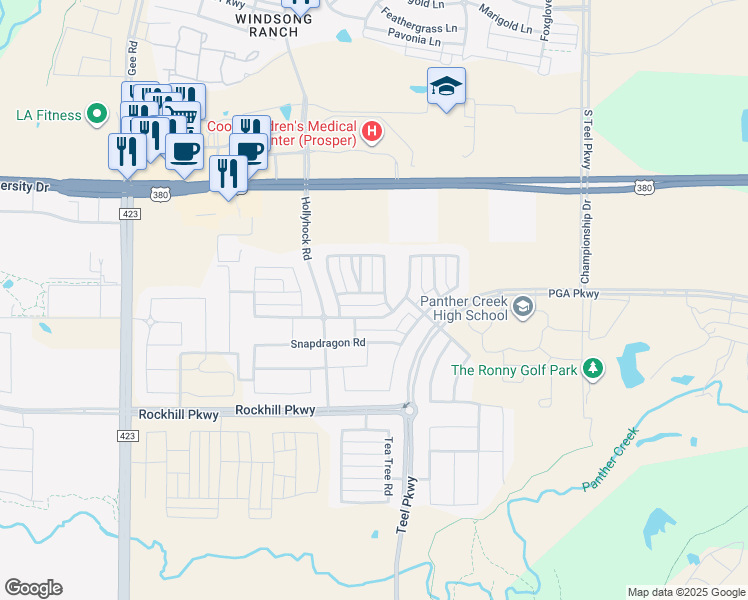 map of restaurants, bars, coffee shops, grocery stores, and more near 2160 Tumblegrass Road in Frisco